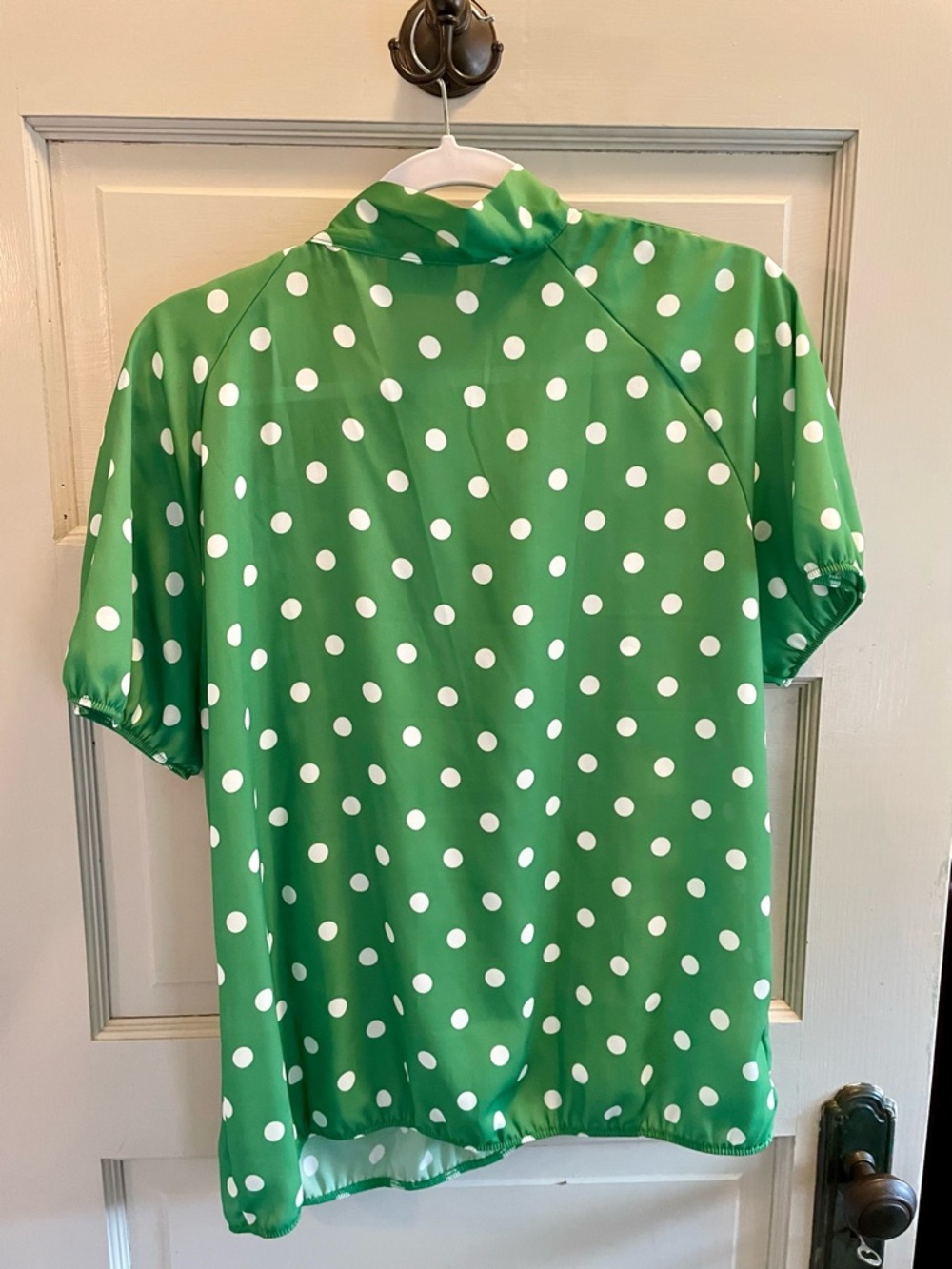 New York & Company Green and White Polka Dot Bow Blouse - Picture 2 of 3